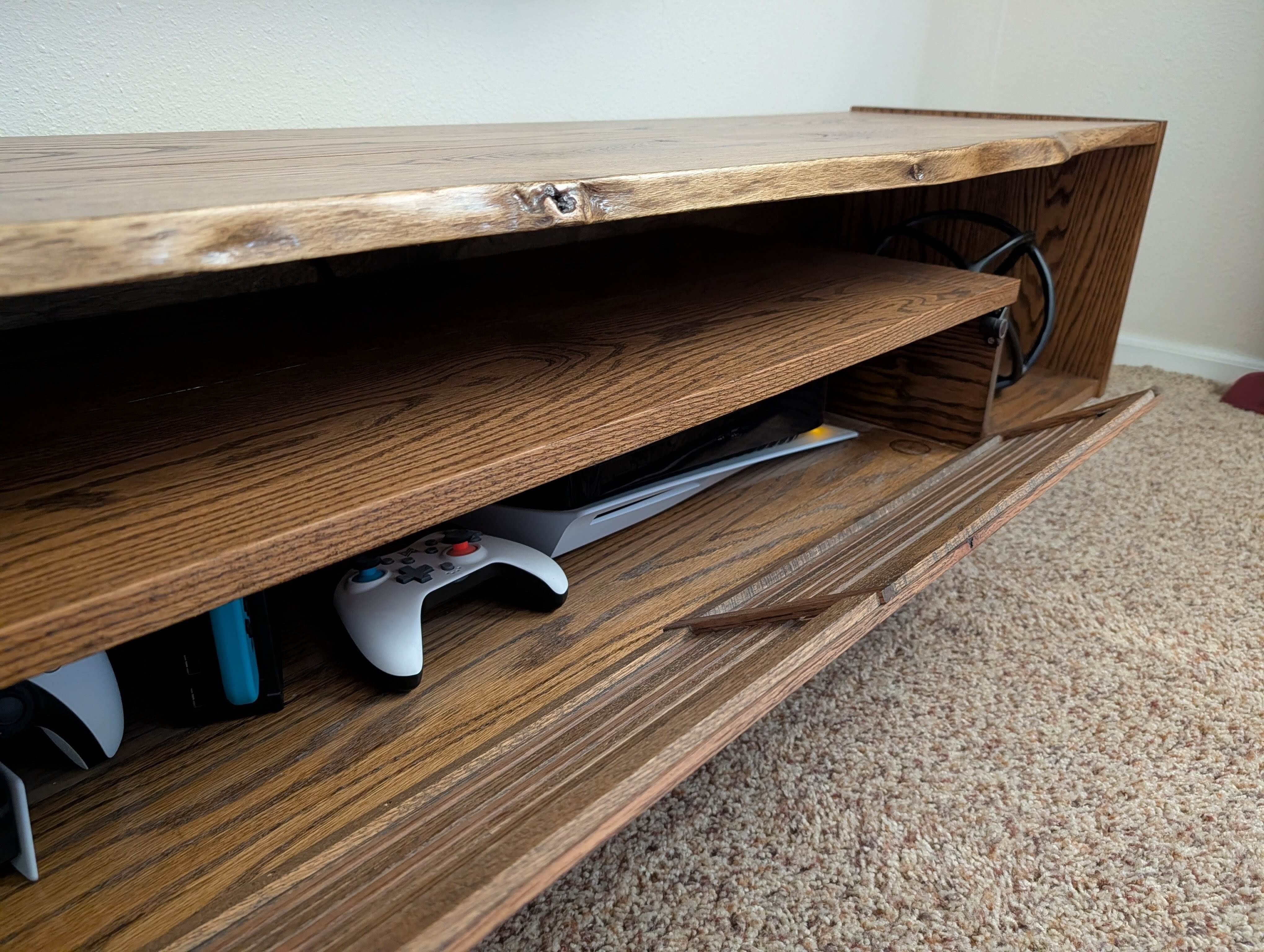 Live-edge TV stand with custom storage drawers